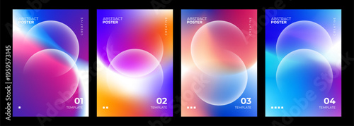 Futuristic abstract posters collection. Vibrant blurred gradients and defocused white spheres for creative graphic design. Vector illustration.