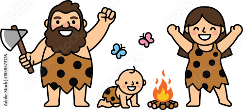 Cartoon prehistoric family with caveman parents, crawling baby, stone axe, campfire, butterflies, and joyful celebration scene