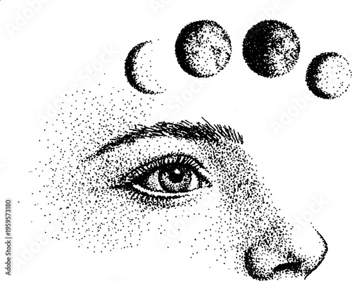 Celestial vintage art with sun face and moon phases in stippled design