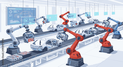 Industrial robots assembling cars on a production line in a modern factory with a focus on automation and manufacturing technology.