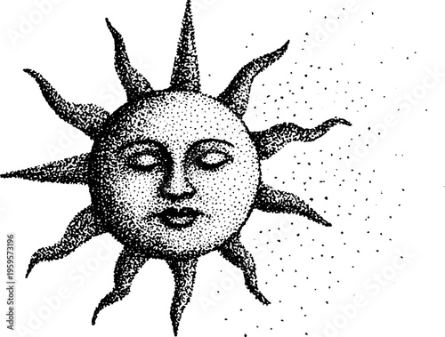 Ornamental sun face with radiant rays in black and white stippling art