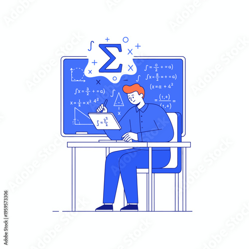 Student studying mathematics with laptop and blackboard.