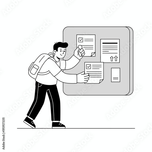 Student attaching document to a bulletin board.