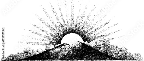 Ornamental sun with rays and mountains in stippling technique black and white design