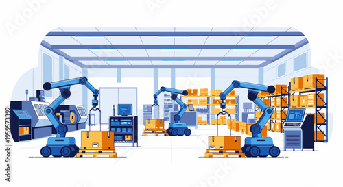 Illustration of industrial robots operating in a warehouse with robotic arms handling boxes and machinery in a factory setting with a blue and orange color scheme.