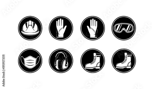 PPE required safety icons set with helmet gloves goggles mask vector signage collection