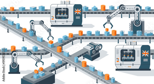 Illustration of a factory assembly line with robotic arms and conveyor belts moving boxes and products in an industrial setting with a focus on manufacturing and production.