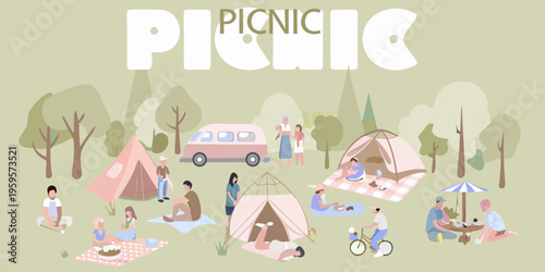 A colorful illustration depicts a lively outdoor picnic and camping scene