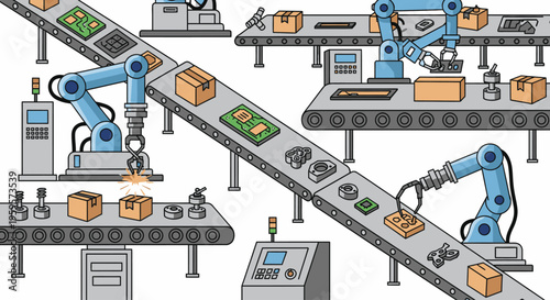 Illustration of robotic arms working on a production line with various machinery and equipment in an industrial setting.