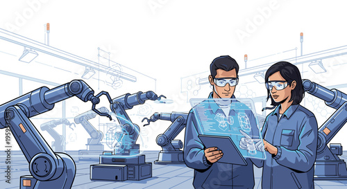 Two industrial workers in blue uniforms and safety goggles review a tablet amidst robotic machinery in a modern factory setting with a cool, technological mood.