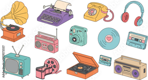 Retro vintage devices collection including gramophone typewriter telephone headphones cassette camera vinyl radio tv vector illustration nostalgic technology set isolated