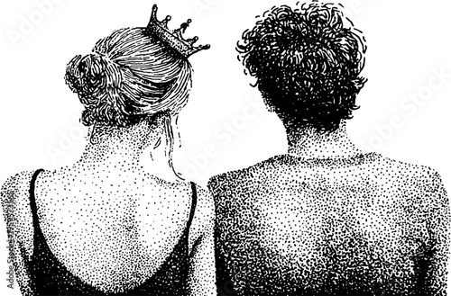 Lovers silhouette with crown in vintage stipple effect - tarot card concept for design