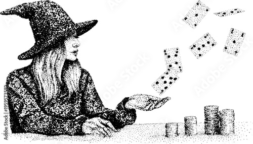 Mystical magician with floating symbols in black and white stipple art