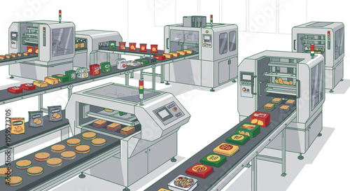 Illustration of a modern industrial food processing facility with multiple conveyor belts and machinery against a clean white background.