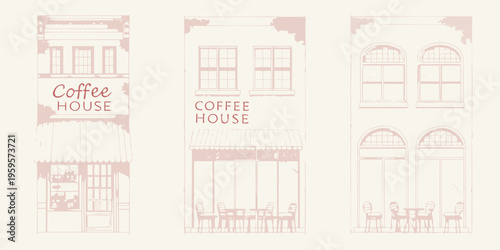 Stylized illustration of three coffee house facades in a row