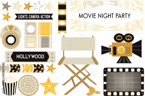 A colorful collection of movie night themed stickers and design elements