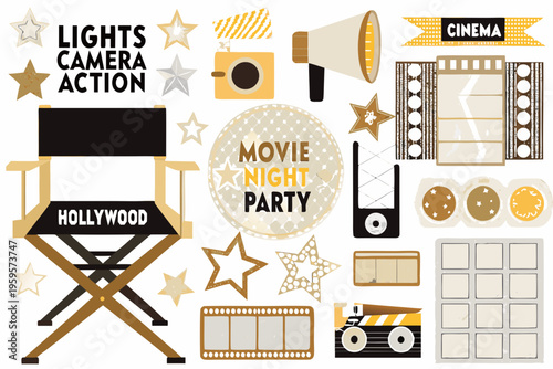 Colorful movie night themed elements including stars camera and film reel