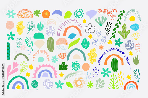 Colorful hand drawn doodle elements including florals rainbows and abstract shapes