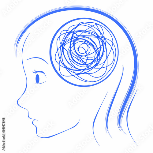 A woman s profile with a tangled scribbled circle representing her thoughts