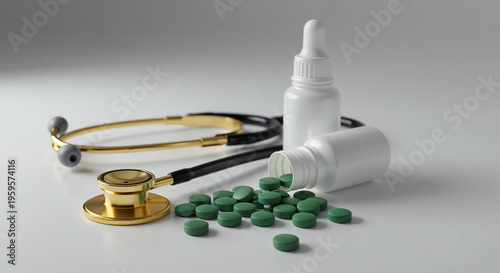 Wallpaper Mural panoramic shot of round small pills near stethoscope and glass bottle on white Torontodigital.ca