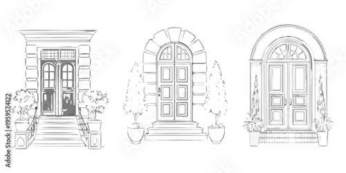 Three detailed sketches of ornate doorways with potted plants