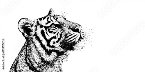 Cosmic tiger head in stippling style with galaxy stars pattern