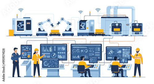 Illustration of industrial workers operating and monitoring large computer screens and machinery in a control room with a blue and yellow color scheme.