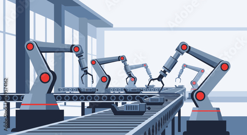 Industrial robotic arms working on a conveyor belt in a factory with a clean and modern aesthetic.