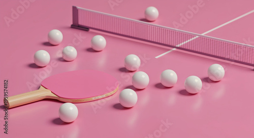 Wallpaper Mural top view of white table tennis balls scattered near pink racket on pink background Torontodigital.ca