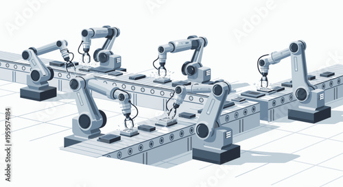 Isometric illustration of four robotic arms on an assembly line with a white grid background and industrial components.