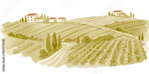 Watercolor painting of a tuscan hillside with buildings and cypress trees