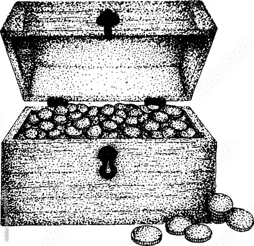 Vintage treasure chest filled with coins in black and white stippling art