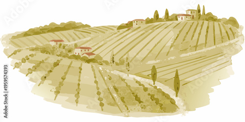 Watercolor painting of a tuscan hillside landscape with buildings and trees