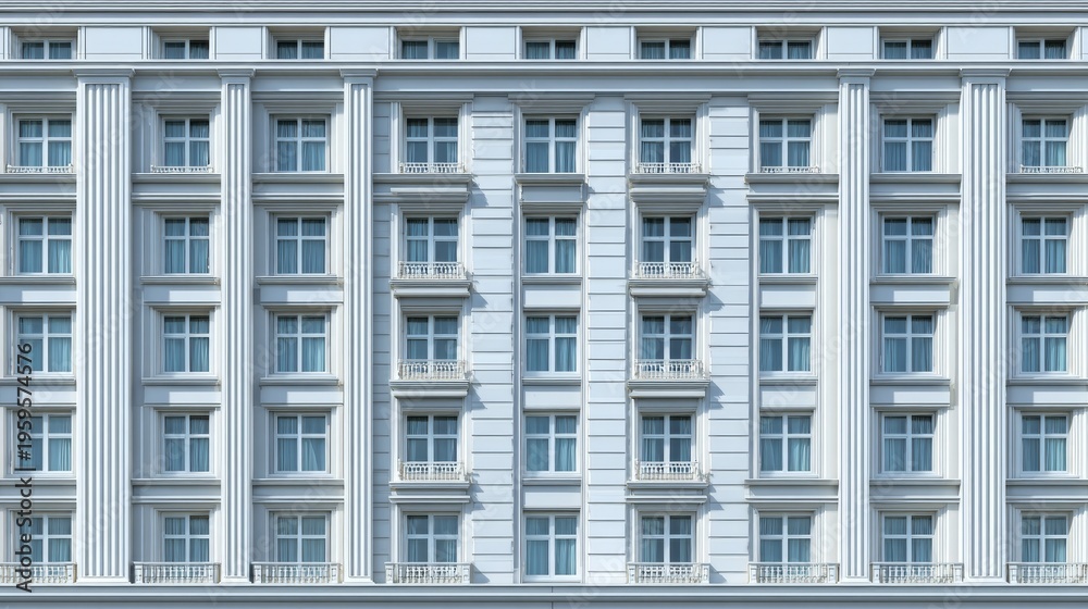 Obraz premium A symmetrical, multi-story building facade with repeating windows, classical details, and a muted, light color palette