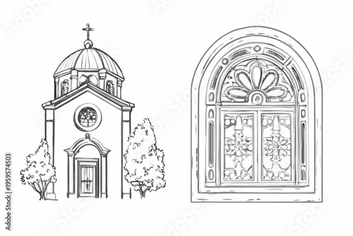 Sketch of an orthodox church and ornate gothic window design