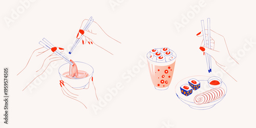 Hands presenting bubble tea sushi and a small cup of ramen