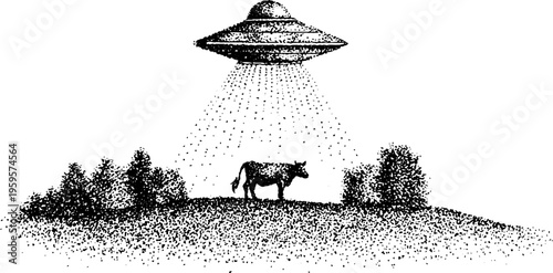 Alien abduction scene with ufo and cow in black and white stipple art