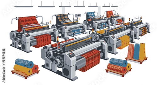 Industrial manufacturing machinery with various metal and plastic processing equipment on a white background.