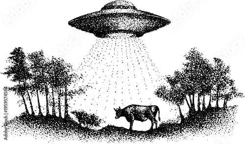 Surreal ufo abduction scene with cow in stipple art for sci-fi and fantasy designs
