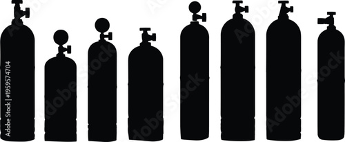 Silhouettes of eight different gas cylinders with valves and regulators, showcasing industrial, medical, and scientific equipment designs for storage and safety illustration