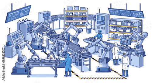 Illustration of a futuristic industrial setting with robotic arms and technicians in lab coats working on machinery with a predominantly blue color scheme and various control panels.