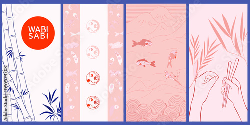 Japanese inspired vertical panels with bamboo koi and wabi sabi elements