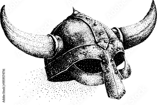 Viking helmet with horns black and white stippling for nordic themed design