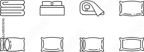 Black and white line icons of bedding essentials including pillows, folded towels, bed designs, and fabric rolls for interior design and hospitality illustration