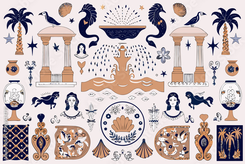 Ancient inspired decorative composition with fountain birds and mythological figures