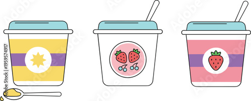 Cartoon yogurt containers with strawberry, berry, and honey flavors plus spoon in colorful vector food packaging illustration