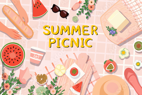 A colorful summer picnic arrangement with food accessories and floral elements