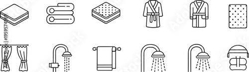 Black and white line icons of household and bathroom essentials including towels, bathrobes, showerheads, curtains, and bedding for interior design illustration
