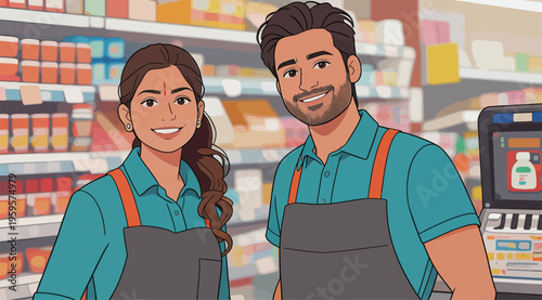 Young workers smile at the grocery store while wearing uniforms and standing in front of shelves stocked with products