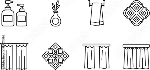 Black and white line icons of household decor items including soap dispensers, towels, vases, curtains, and wall ornaments for interior design illustration